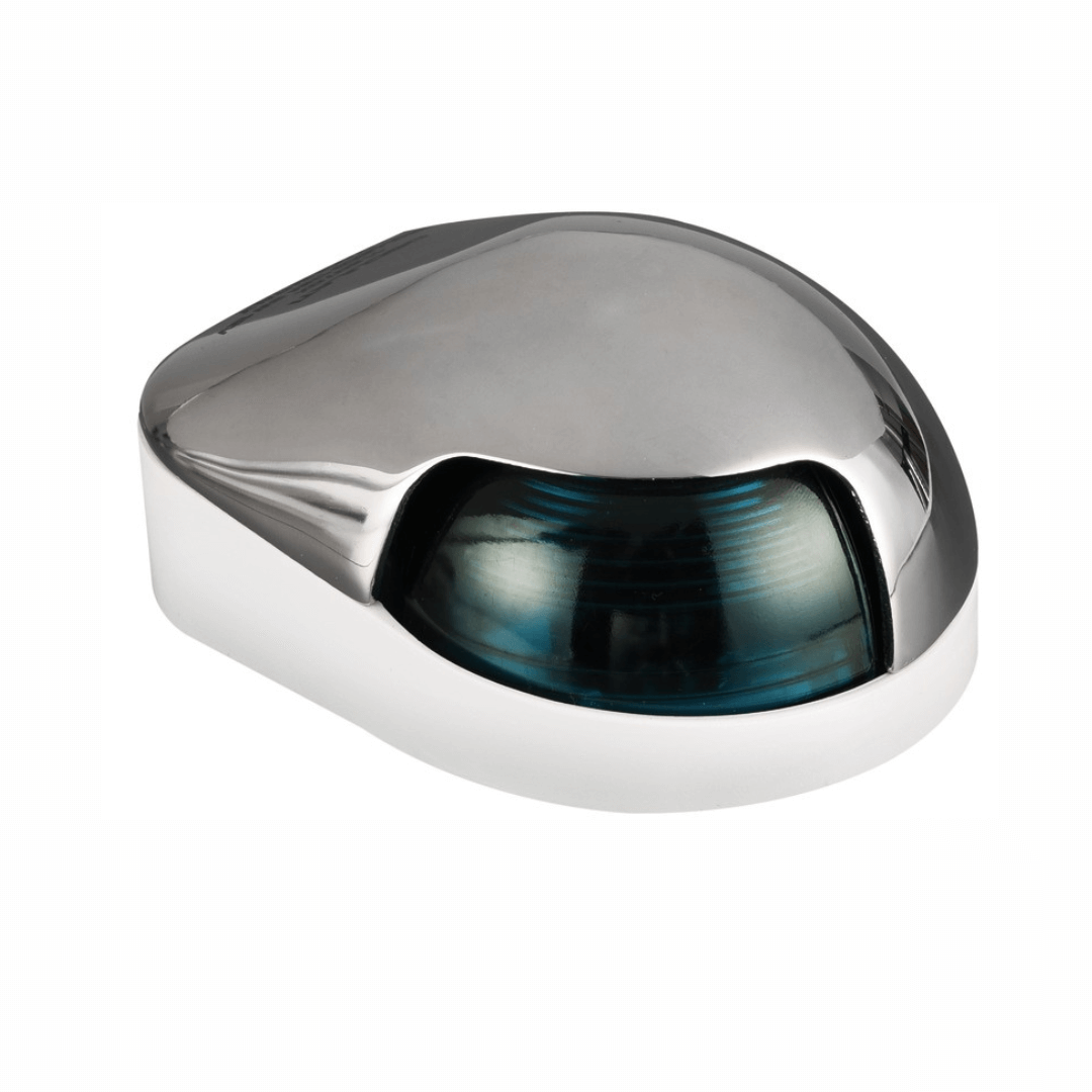 Fanale di coperta inox verde 112,5° con lente turchese e base bianca, forma ovale arrotondata