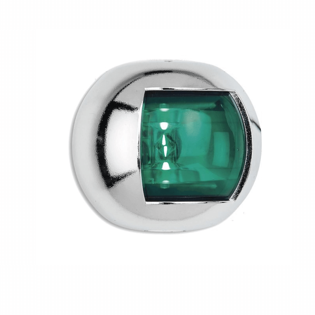 Fanale di via LED verde con corpo in acciaio inox lucido, lente quadrata verde