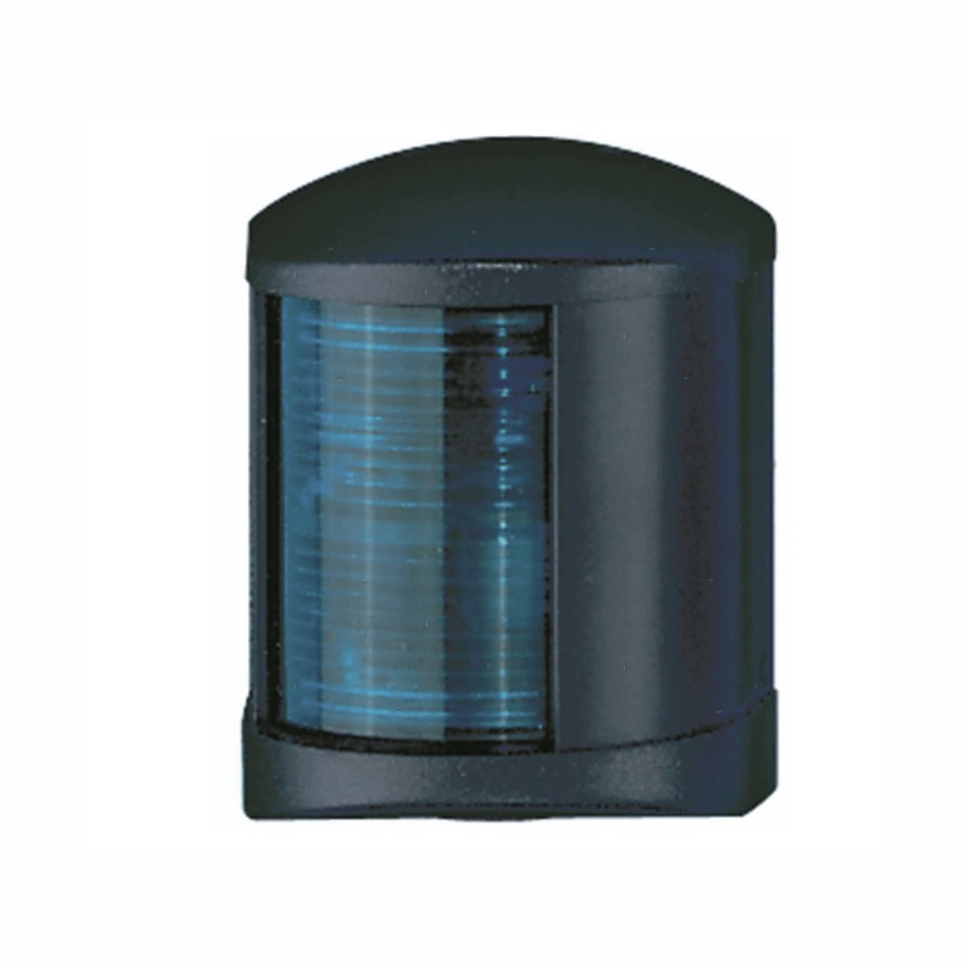 Fanale di via midi nero con lente blu-verde fresnel, corpo in plastica nera, forma rettangolare arrotondata