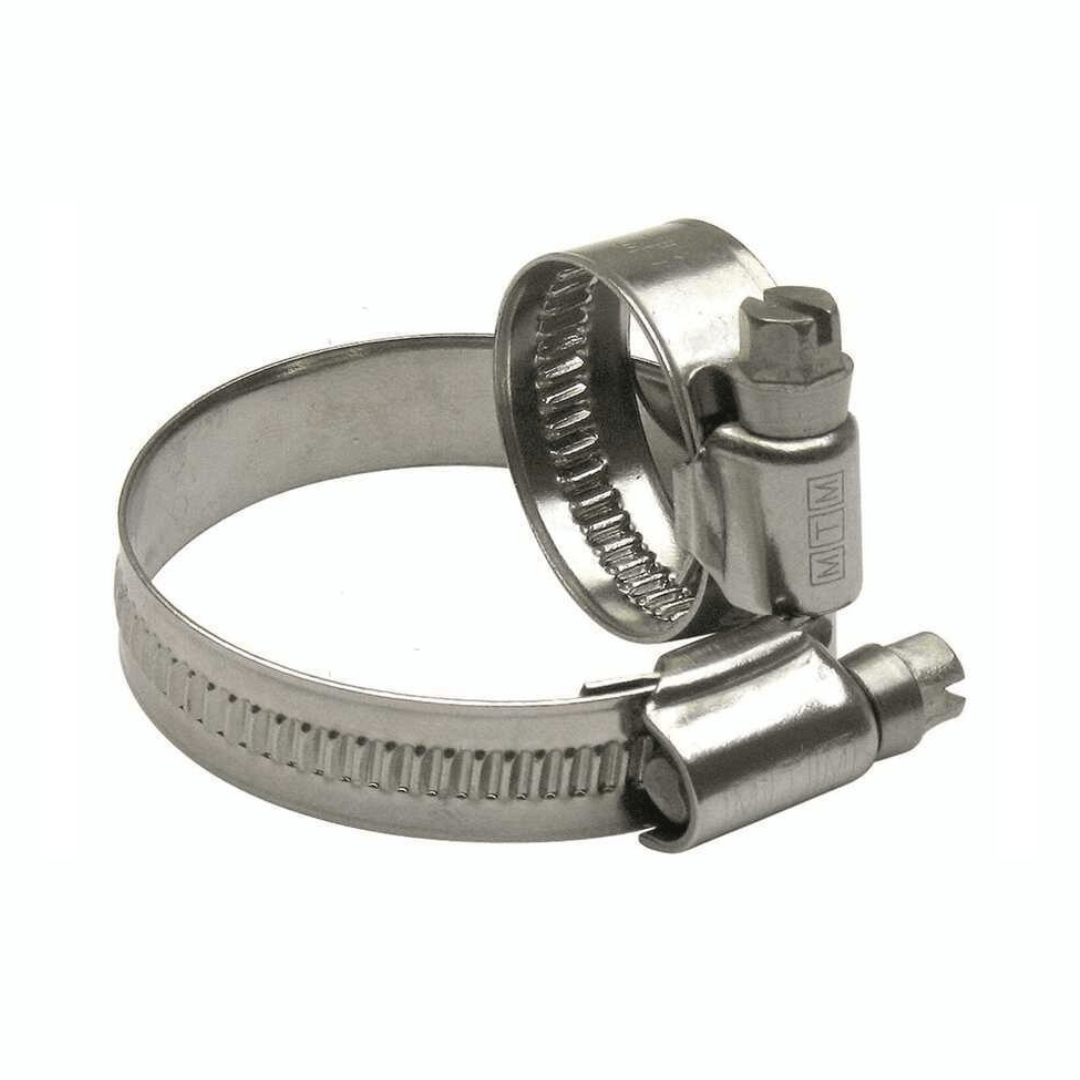 Fascetta stringitubo acciaio inox con vite, banda 12mm, due pezzi sovrapposti su sfondo bianco
