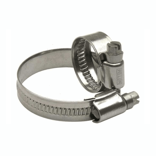 Fascetta stringitubo acciaio inox con vite, banda 12mm, due pezzi sovrapposti su sfondo bianco