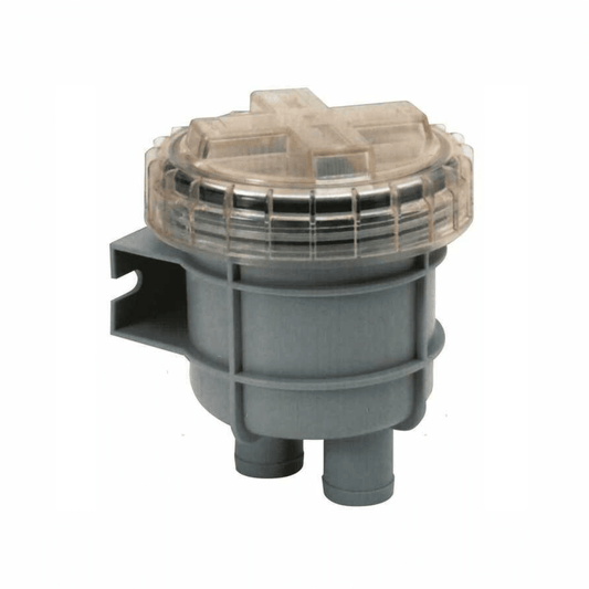 Filtro acqua di mare Vetus FTR330 1"1/4, corpo grigio con coperchio trasparente e attacchi tubo