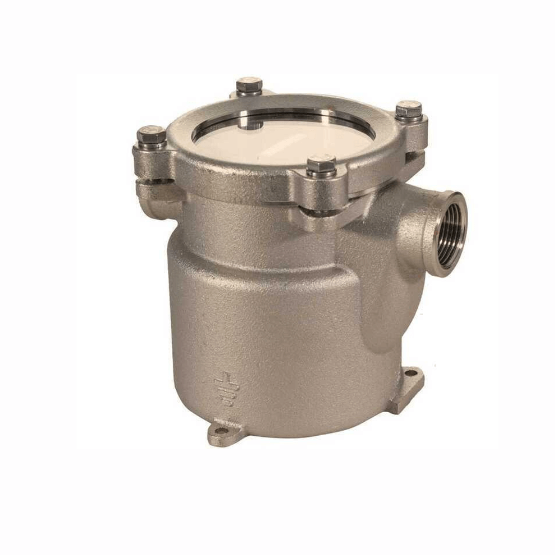 Filtro acqua di mare 1" RGL 1162 in ottone nichelato con coperchio trasparente e attacchi filettati