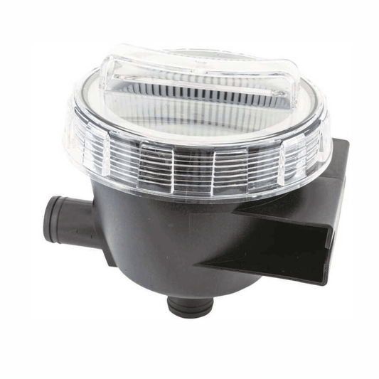 Filtro acqua di mare Seafilter 25mm nero con coperchio trasparente, ingressi laterali e inferiore