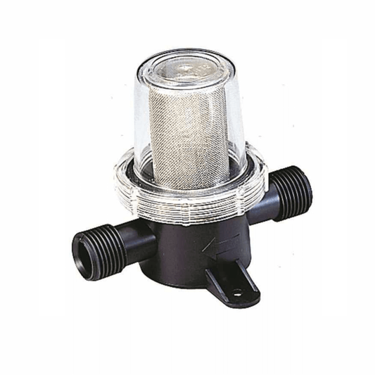 Filtro acqua 1/2" con corpo nero, cestello inox e coperchio trasparente, attacchi laterali filettati