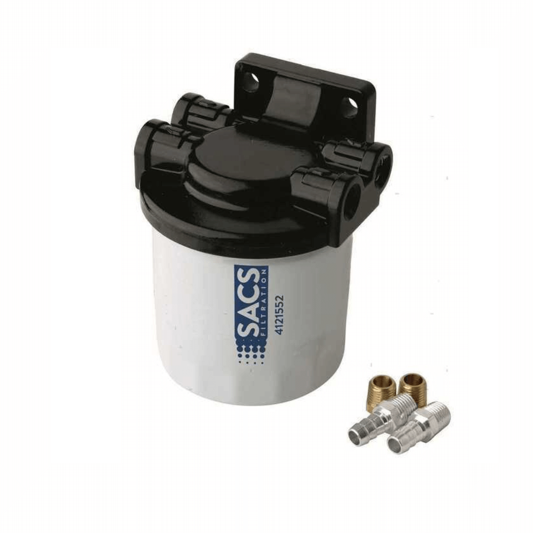 Filtro benzina SACS 4121552 bianco e nero con supporto a staffa e raccordi in ottone inclusi