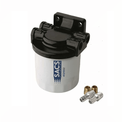Filtro benzina SACS 4121552 bianco e nero con supporto a staffa e raccordi in ottone inclusi