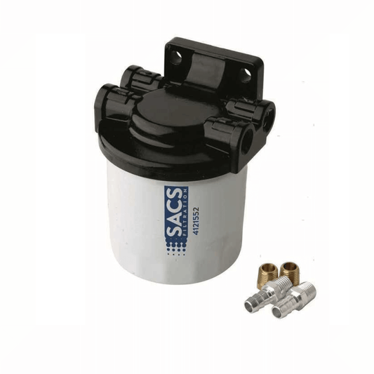 Filtro benzina SACS 4121552 bianco e nero con supporto a staffa e raccordi in ottone inclusi