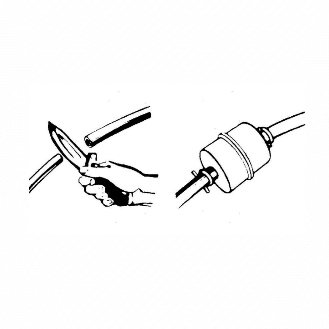 Illustrazione installazione filtro miscela 2 tempi B-14: taglio tubo con coltello e montaggio componente