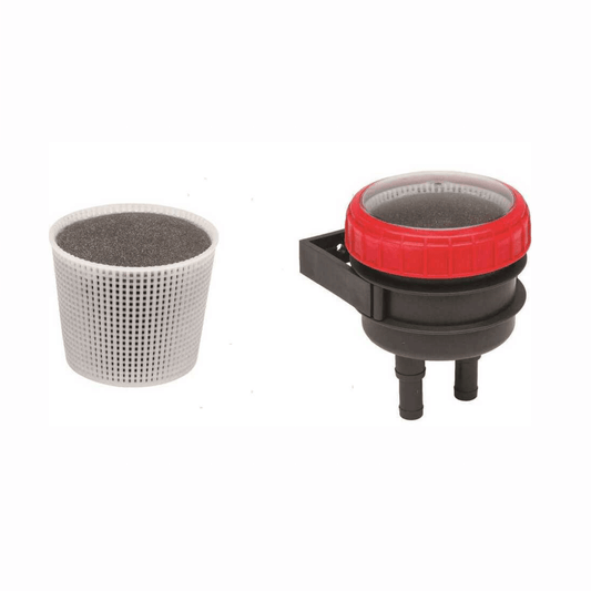 Filtro sfiato acque nere a carbone attivo: cestello plastica bianco e corpo nero con tappo rosso