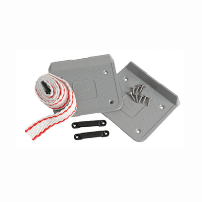 Fissa batteria doppia piastra grigia con cinghia bianco-rossa, viti inox e staffe nere