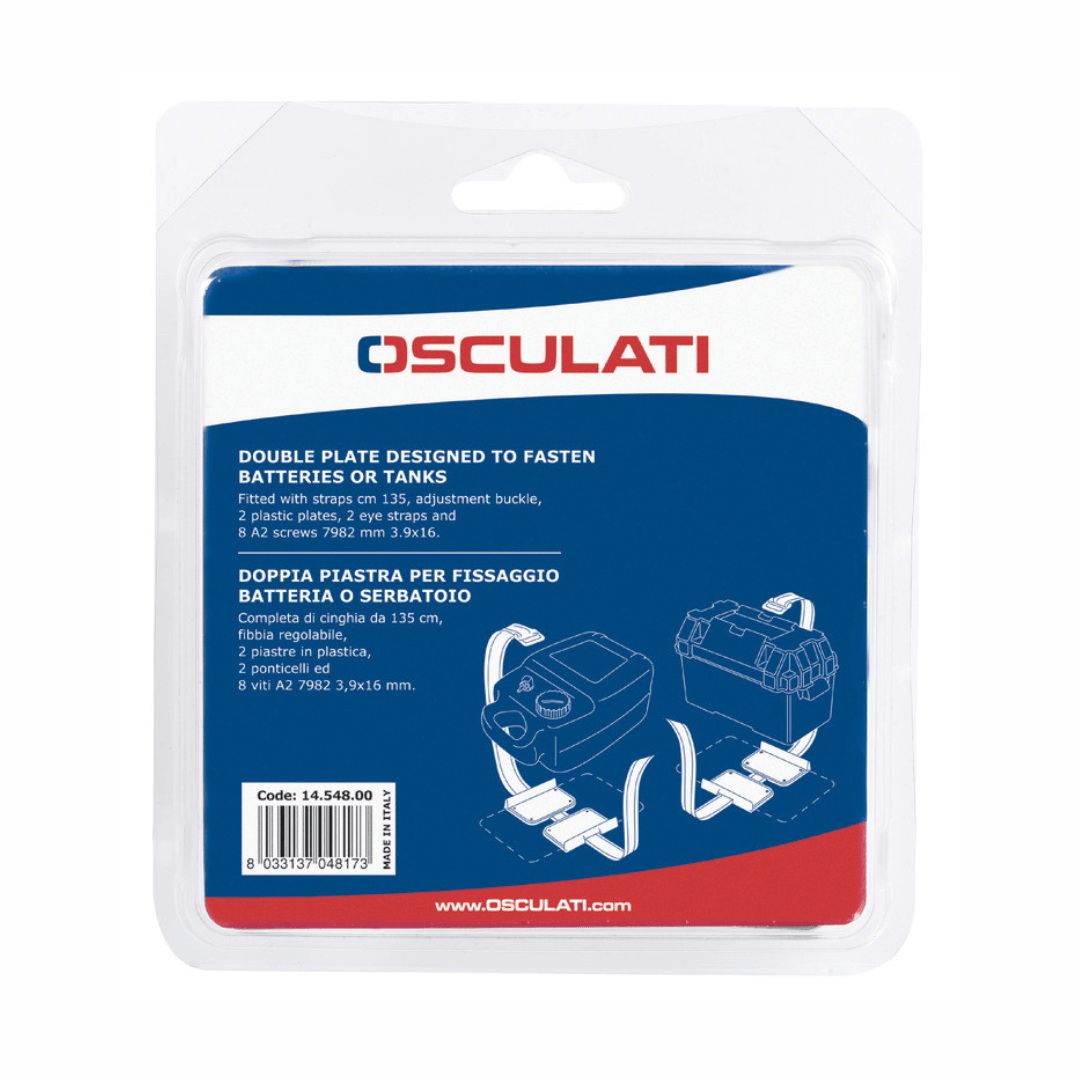 Confezione blister Osculati doppia piastra fissa batteria con cinghie, fibbie e viti incluse, blu e bianco