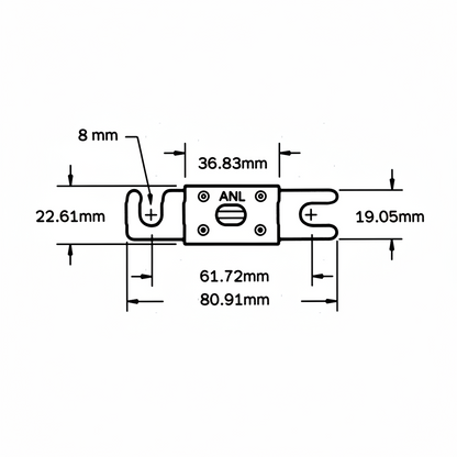 Scheda tecnica fusibile lamellare ANL con dimensioni: larghezza 80.91mm, altezza 22.61mm, corpo 36.83mm