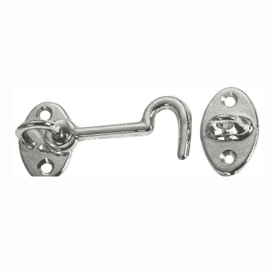 Gancetto ottone cromato con piastra ovale e occhiello, finitura argento lucida, set completo
