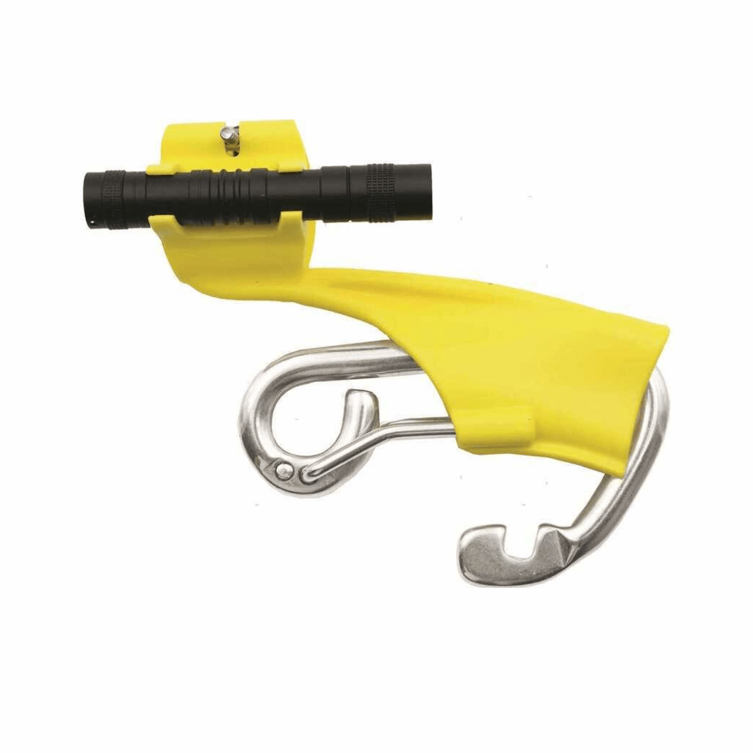 Gancio da ormeggio Boatasy Hooklinker giallo con doppio uncino in acciaio inox e torcia nera integrata