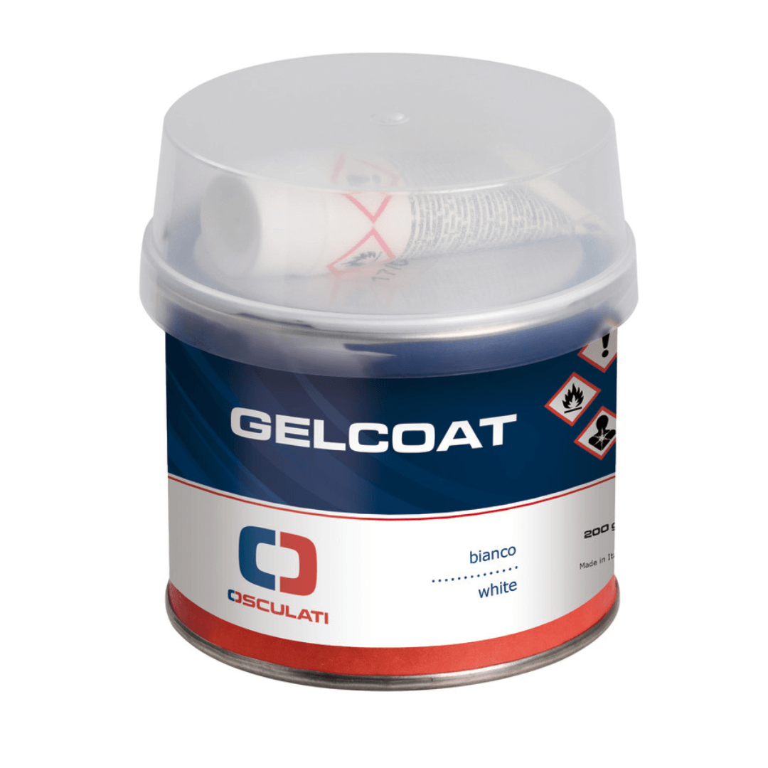 Barattolo Osculati Gelcoat bianco bicomponente 200g con catalizzatore incluso nel coperchio trasparente