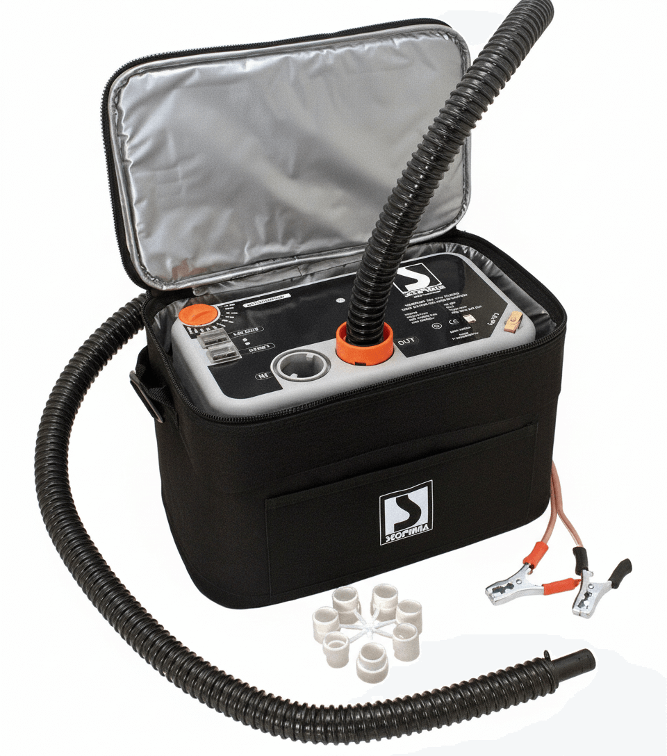Gonfiatore elettrico Bravo Turbo Max 12V nero con tubo flessibile, adattatori e morsetti, in borsa imbottita