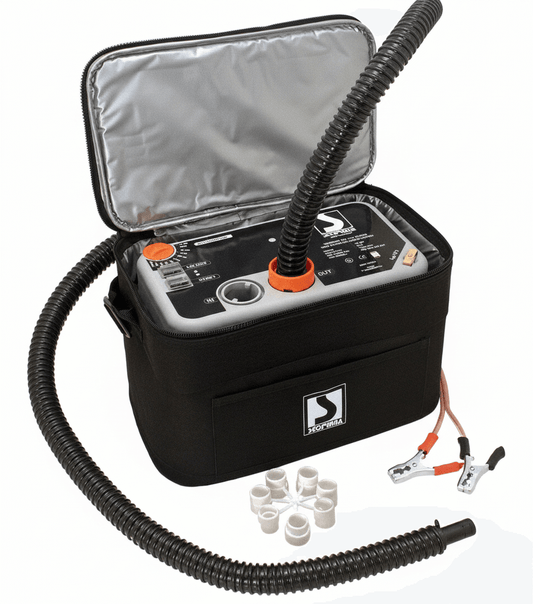 Gonfiatore elettrico Bravo Turbo Max 12V nero con tubo flessibile, adattatori e morsetti, in borsa imbottita