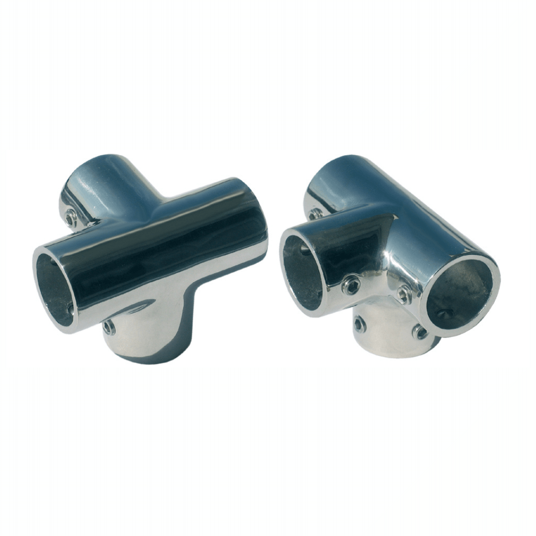 Coppia giunti a T Ø 22mm per pulpiti in acciaio inox AISI 316 lucidato, con viti di fissaggio