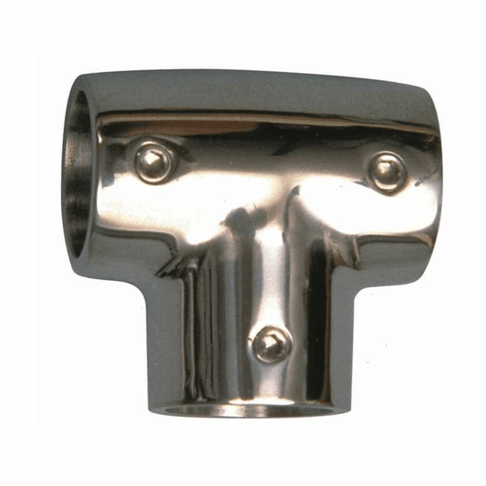 Giunto T 90° acciaio inox AISI 316 lucido a tre vie con viti di fissaggio, raccordo tubolare nautico