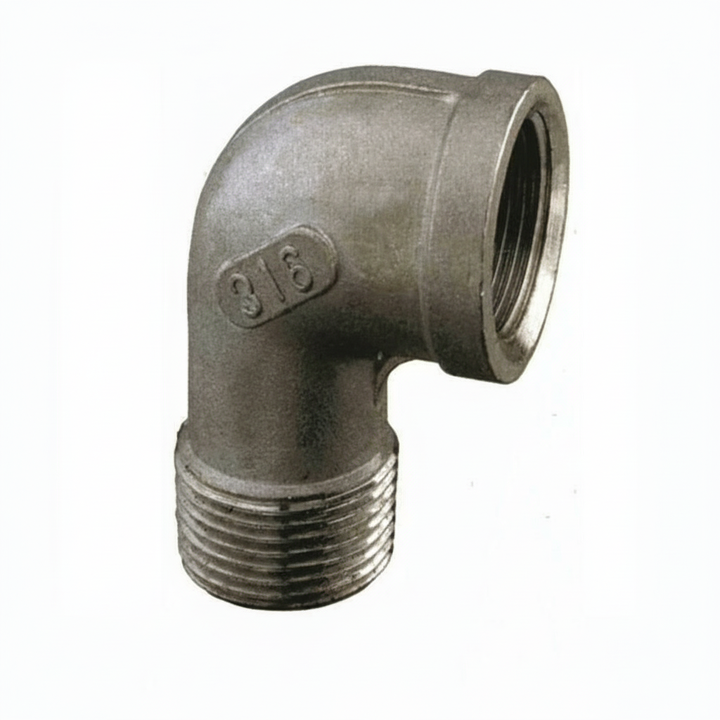 Gomito 3/8" maschio-femmina in acciaio inox 316 a 90°, filettatura esterna e interna