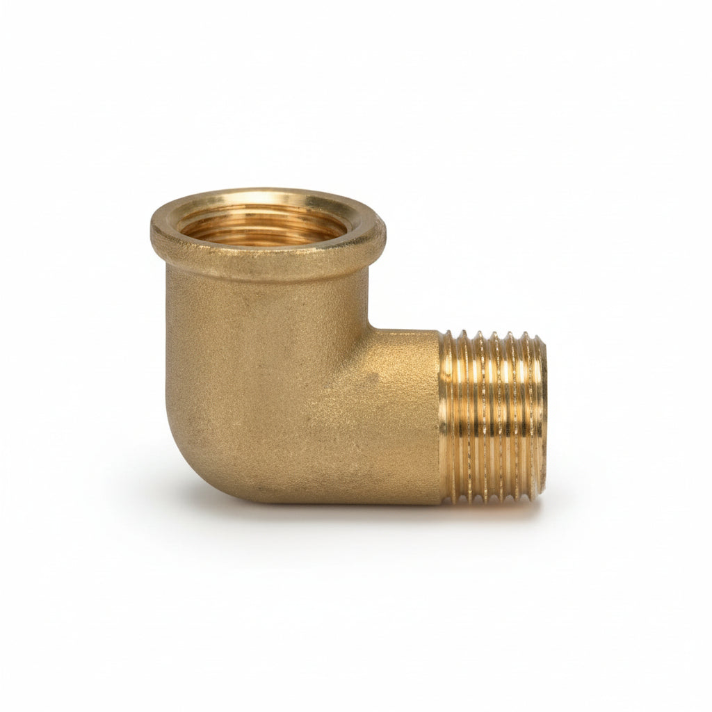 Gomito maschio-femmina 90° in ottone dorato con filettatura esterna e interna