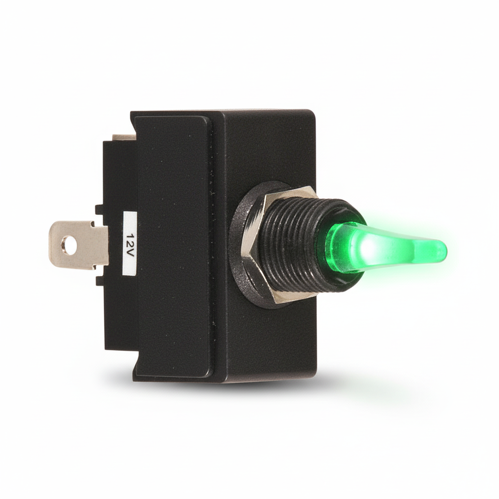Interruttore toggle lever LED 12V con leva illuminata verde e corpo nero in plastica, terminali a linguetta