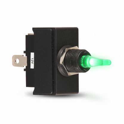 Interruttore toggle lever LED 12V con leva illuminata verde e corpo nero in plastica, terminali a linguetta