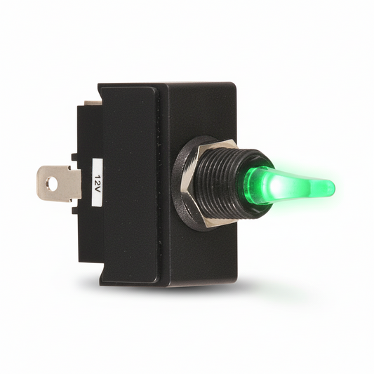 Interruttore toggle lever LED 12V con leva illuminata verde e corpo nero in plastica, terminali a linguetta
