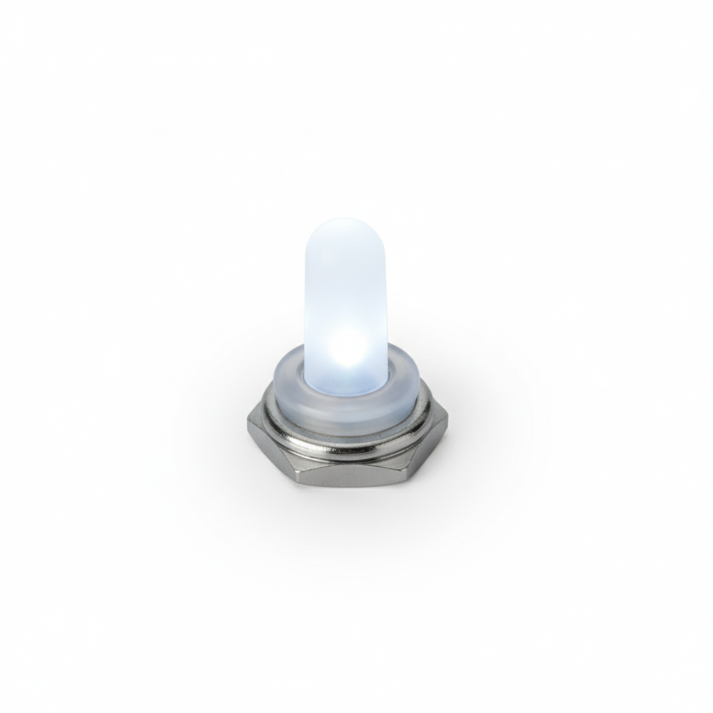 Interruttore toggle lever LED 12V con cappuccio bianco luminoso e ghiera esagonale cromata