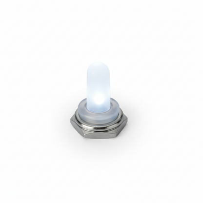 Interruttore toggle lever LED 12V con cappuccio bianco luminoso e ghiera esagonale cromata