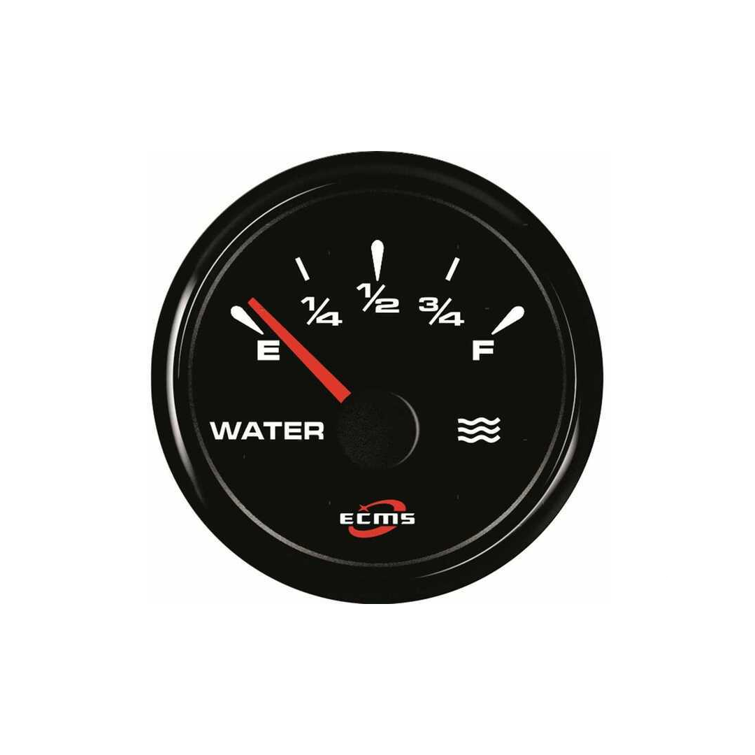 Indicatore livello acqua ECMS All Black, quadrante nero con scala E-F, lancetta rossa, corpo tondo inox