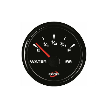 Indicatore livello acqua ECMS All Black, quadrante nero con scala E-F, lancetta rossa, corpo tondo inox
