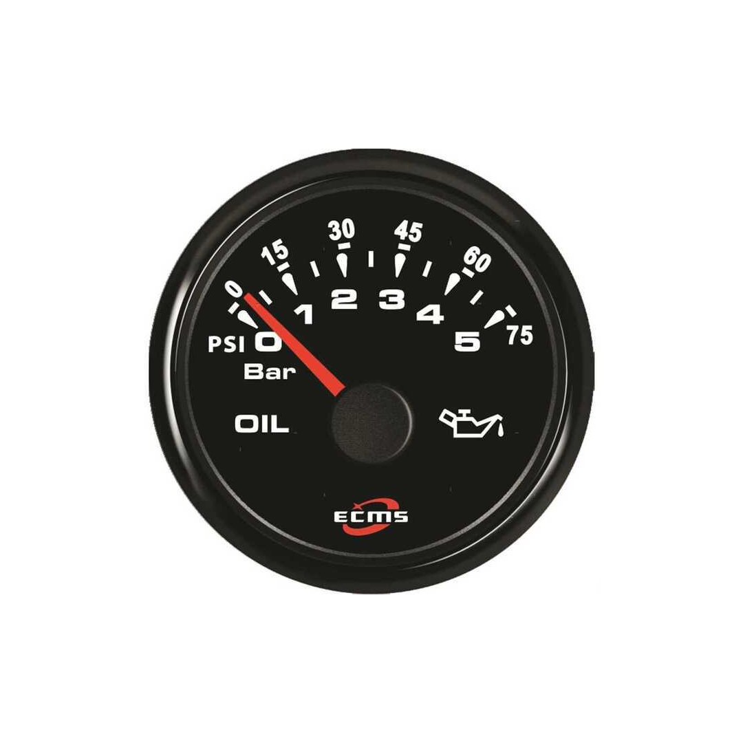Manometro olio ECMS All Black quadrante nero, scala PSI/Bar 0-75, ghiera inox, impermeabile IP67