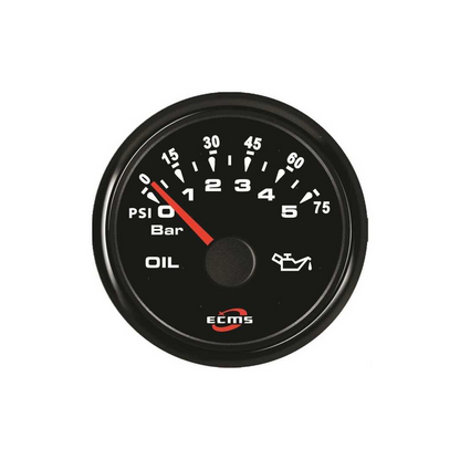Manometro olio ECMS All Black quadrante nero, scala PSI/Bar 0-75, ghiera inox, impermeabile IP67