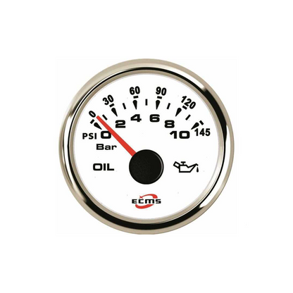 Manometri marini ECMS White Chrome Ø 52mm, Acciaio Inox 316. Strumentazione impermeabile IP67, anti-appannamento e programmabile. olio 0-10