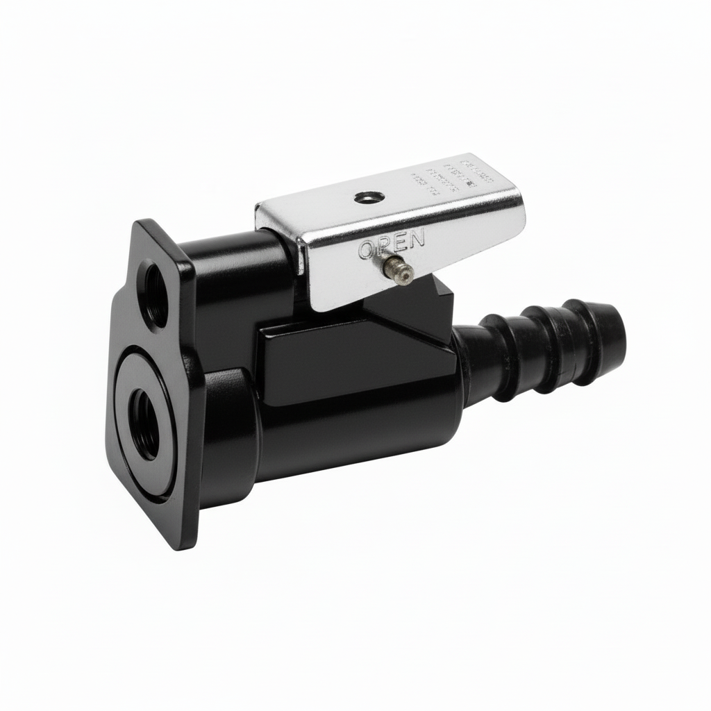 Innesto carburante Johnson/Evinrude nero con valvola a leva cromata e raccordo a spine
