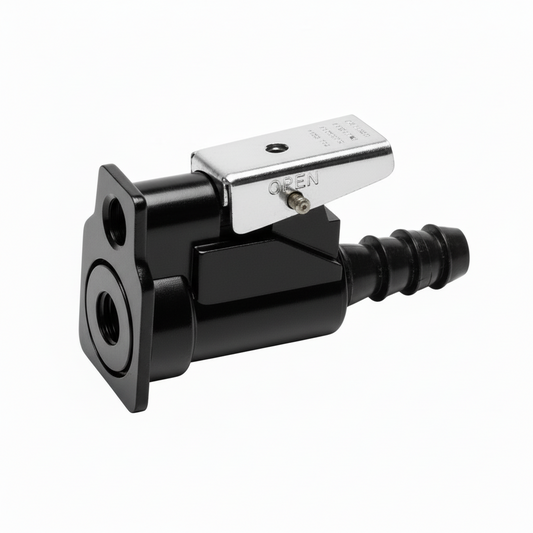 Innesto carburante Johnson/Evinrude nero con valvola a leva cromata e raccordo a spine