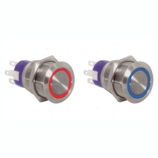 Interruttore a pulsante inox con LED rosso e blu, corpo cilindrico in acciaio, anello luminoso