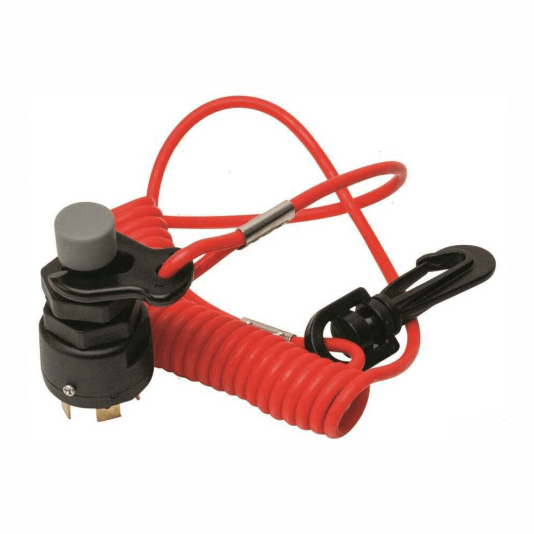 Interruttore sicurezza universale nero con cavo spiralato rosso e clip stacco