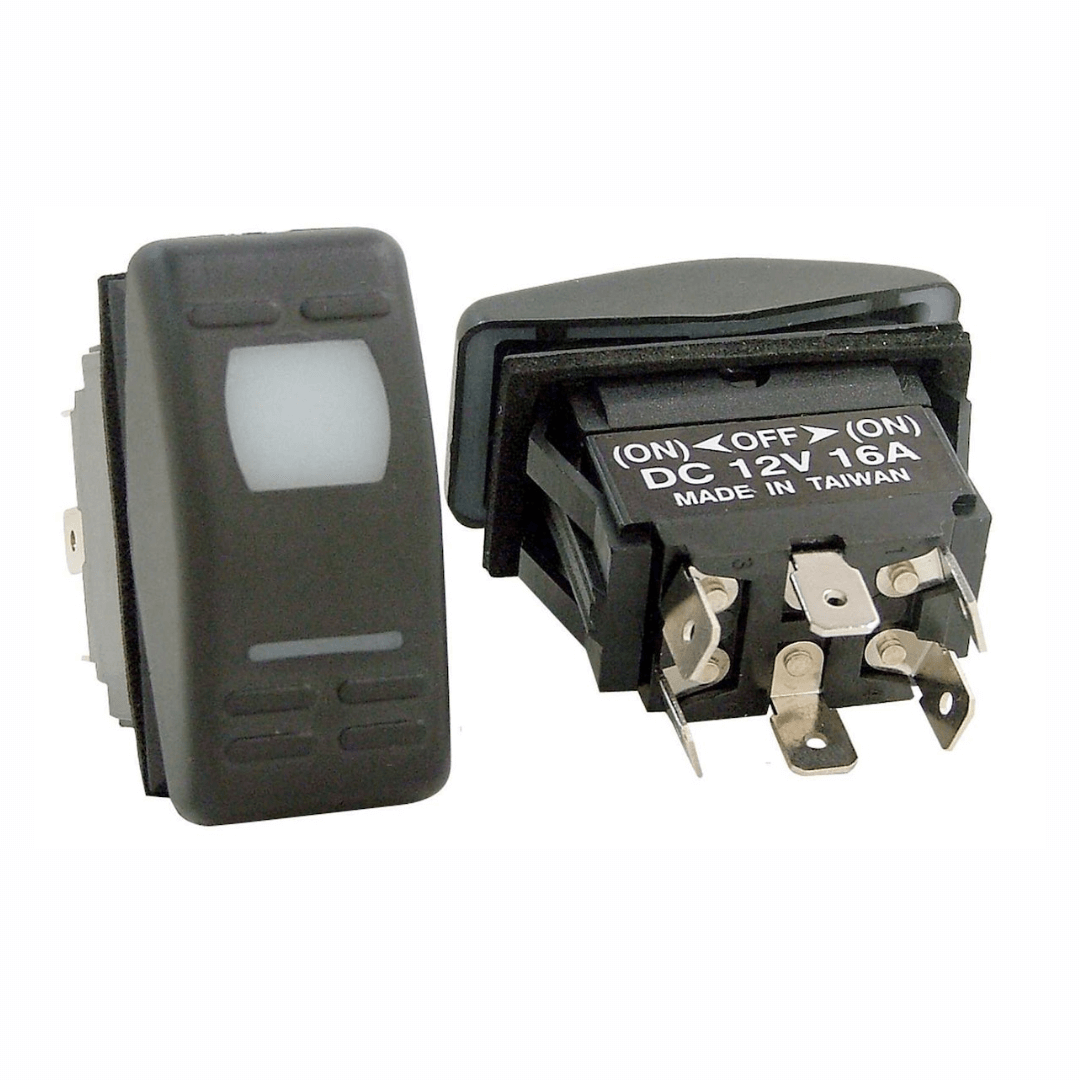 Interruttore a bilanciere impermeabile nero (ON)-OFF-(ON) DC 12V 16A, 6 terminali, con spia LED bianca