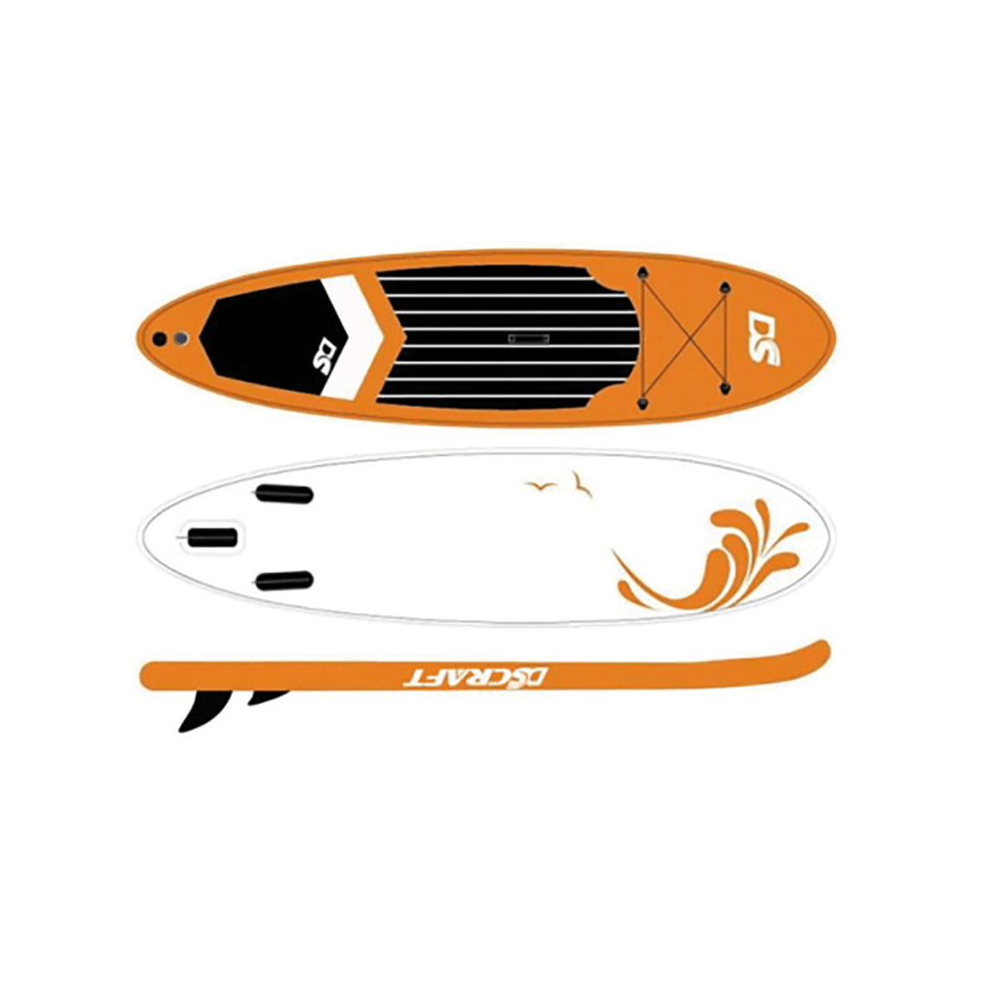 Stand Up Paddle DSCRAFT arancione, vista top, bottom e laterale, con traction pad nero e fin