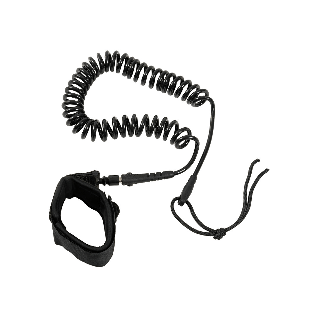 Leash SUP coiled nero con cinturino da polso imbottito e connettore rapido