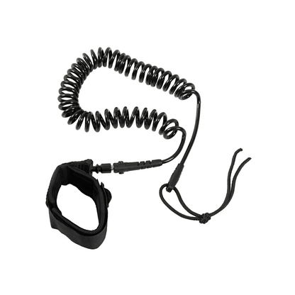 Leash SUP coiled nero con cinturino da polso imbottito e connettore rapido