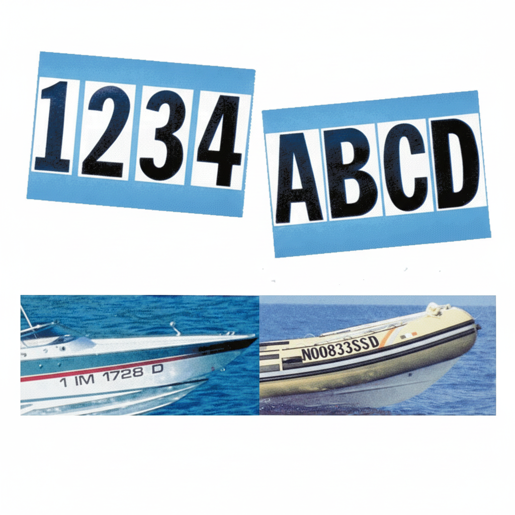 Adesivi nautici con lettere e numeri neri su sfondo bianco/blu, applicati su scafi di motoscafi in mare