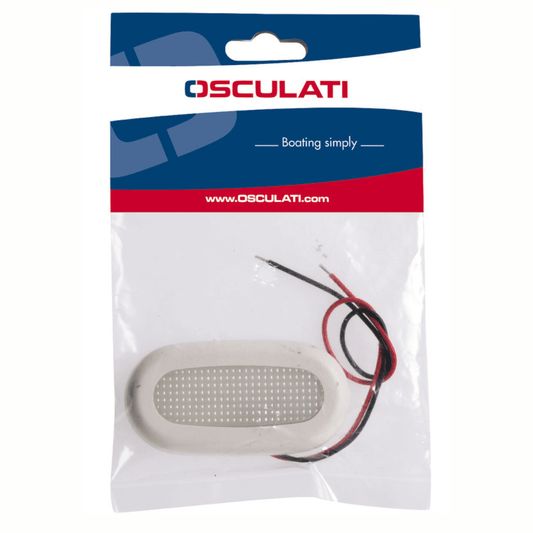 Luce di cortesia stagna 5 LED bianca forma ovale con fili rosso e nero, in confezione Osculati