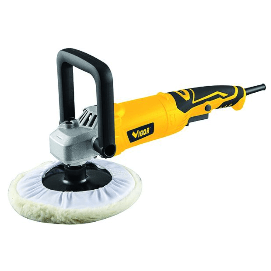 Lucidatrice levigatrice Vigor VLL-180 gialla e nera con disco in lana bianca e impugnatura ergonomica