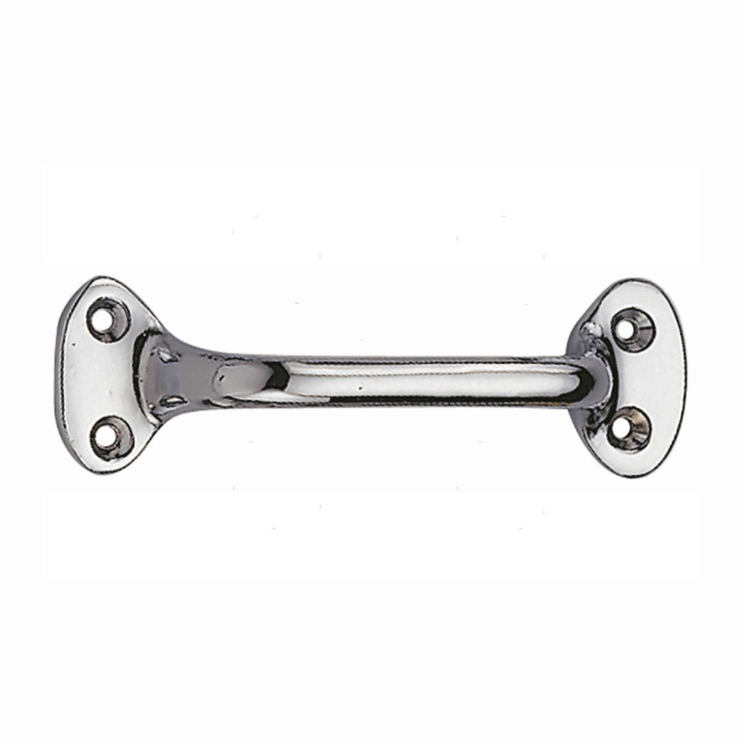 Maniglietta inox lucida 140mm con basi ovali e 4 fori di fissaggio a vite, finitura a specchio