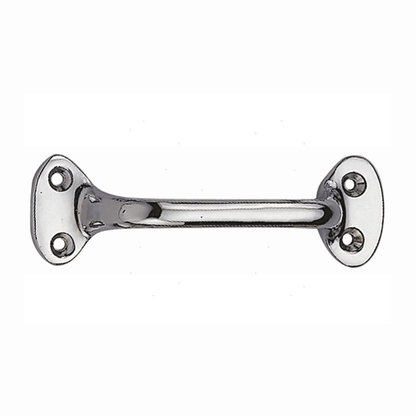 Maniglietta inox lucida 140mm con basi ovali e 4 fori di fissaggio a vite, finitura a specchio