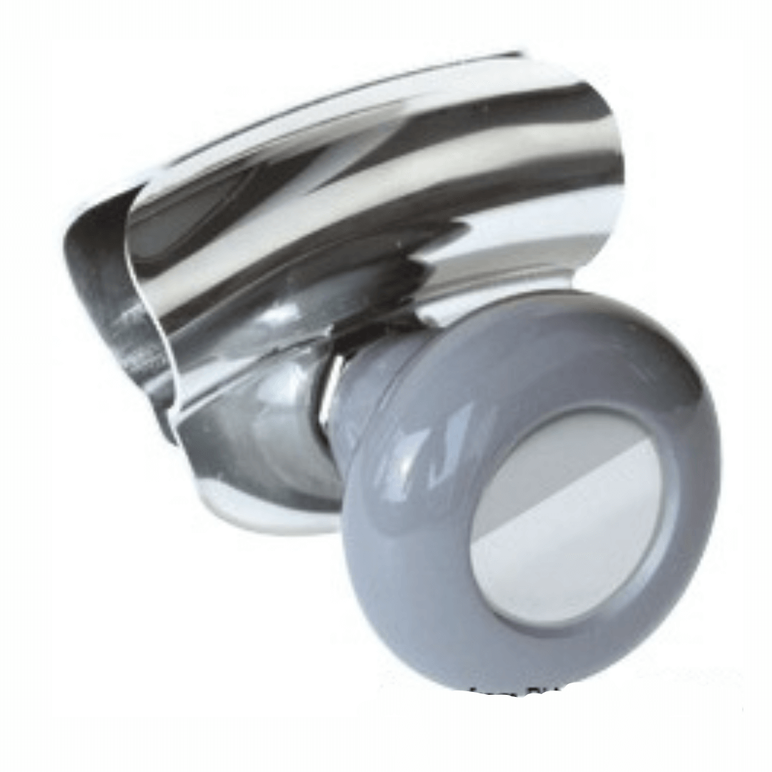 Manopola per volante nautico in plastica grigia con inserto cromato lucido, forma tondeggiante